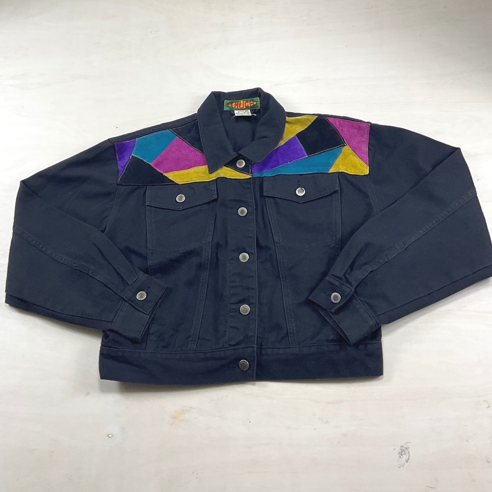 Vintage Feruchi Black Denim Jacket Suede Patchwork Colorblock Trucker Medium